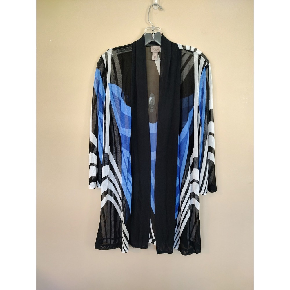 Easywear by Chicos Blue Black White Abstract Mesh‎ Open Front Cardigan Size 1 M